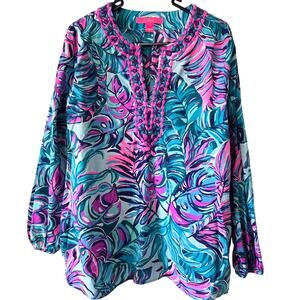 Lilly Pulitzer Large Embroidered Beaded Top Blouse Blue Pink 100% Cotton